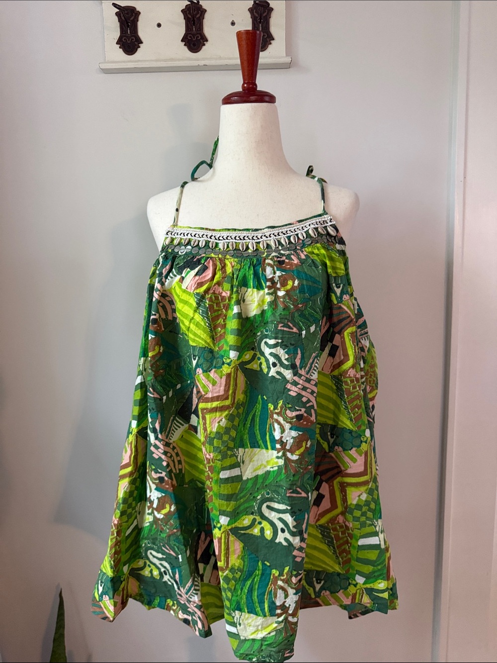Green Mixed-Print Spaghetti Strap Tunic